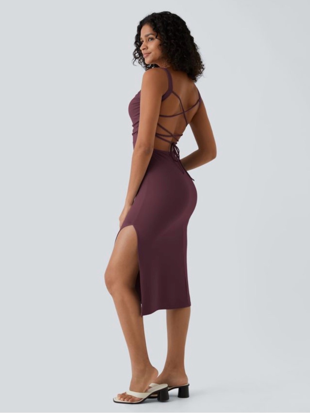 Halara Ruched Lace Up Bodycon Midi Casual Maroon Dress With Leg Slit Small